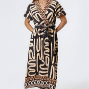 Black Abstract Print Wrap Midi Dress