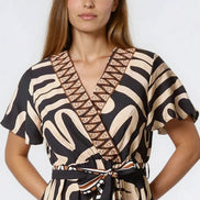 Black Abstract Print Wrap Midi Dress
