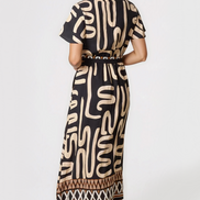Black Abstract Print Wrap Midi Dress