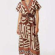 Brown Abstract Print Wrap Midi Dress