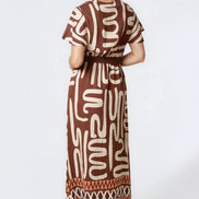 Brown Abstract Print Wrap Midi Dress