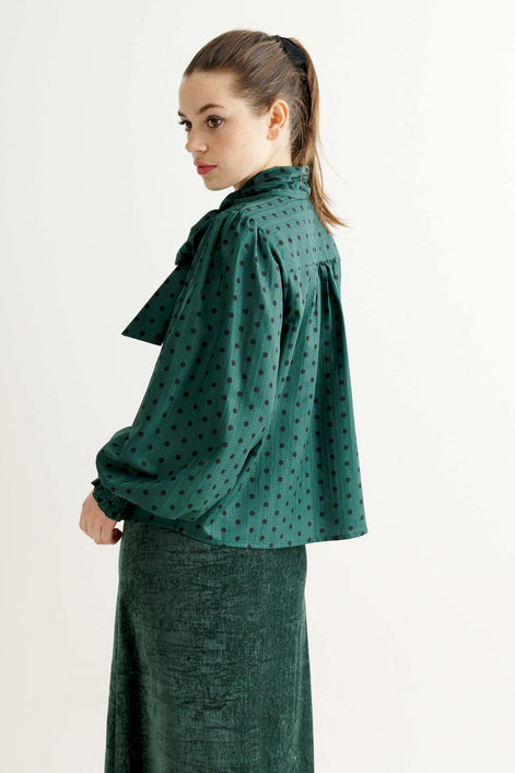 Aditi Spot Tie Neck Blouse - Forest Green