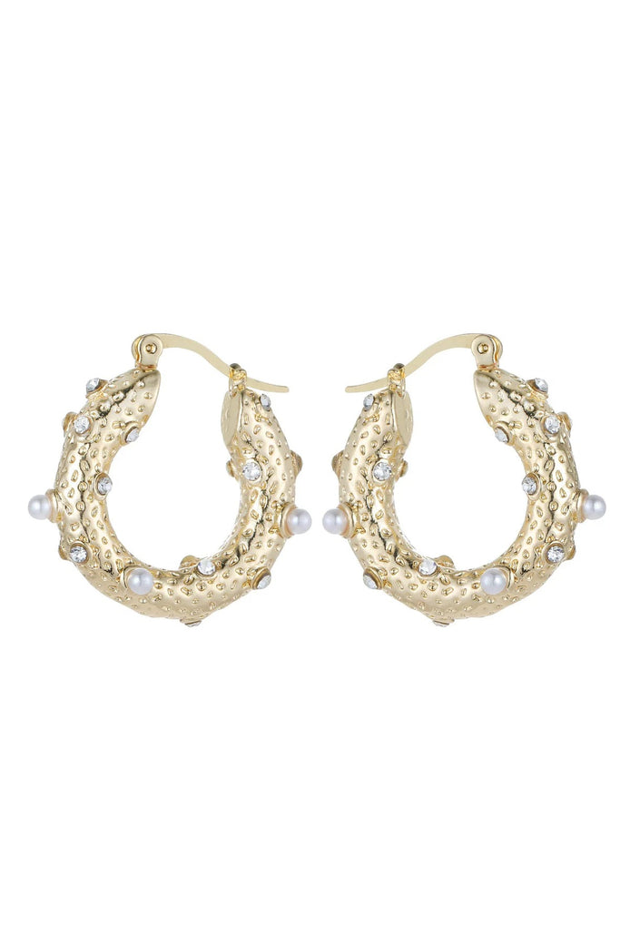 Gold Tone Small Pearl and Diamante Hoop Earrings