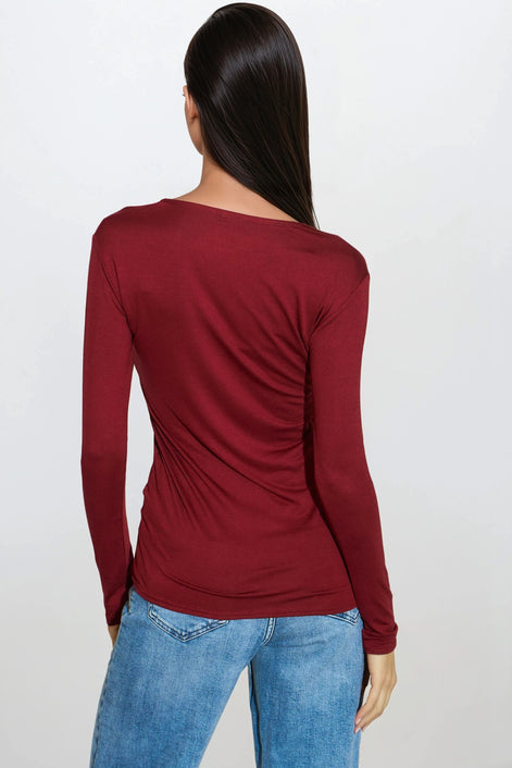 Wine V Neck Long Sleeve Top