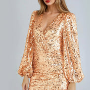 Rose Gold Sequin V-Neck Long Sleeve Bodycon Dress