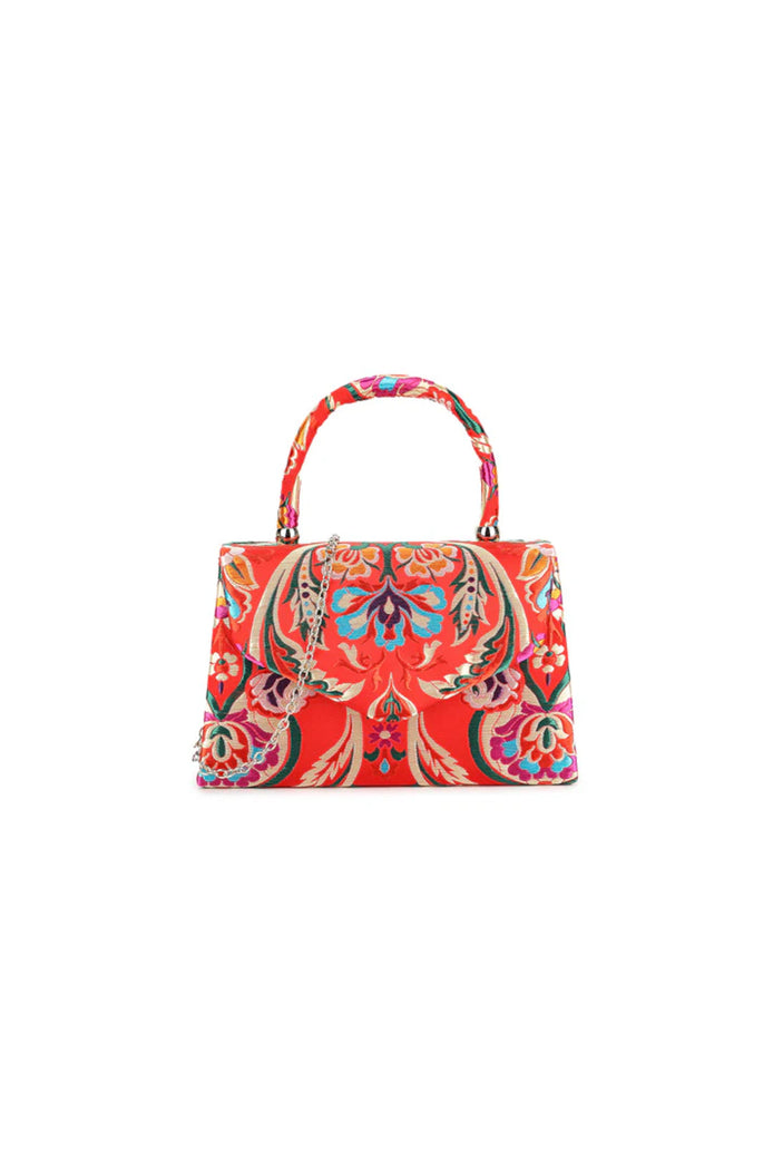 Red Floral Satin Small Top Handle Bag