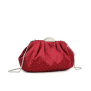 Cherry Red Embellished Satin Ruched Clutch Bag