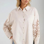 Beige Embroidered Sleeve Linen Blend Shirt
