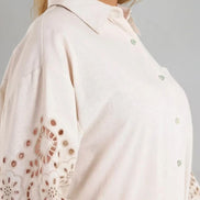 Beige Embroidered Sleeve Linen Blend Shirt