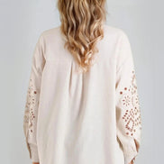 Beige Embroidered Sleeve Linen Blend Shirt