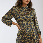 Khaki Animal High Neck Keyhole Mini Dress