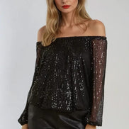 Black Sequin Long Sleeve Bardot Top