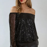Black Sequin Long Sleeve Bardot Top