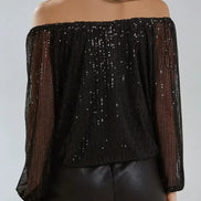 Black Sequin Long Sleeve Bardot Top