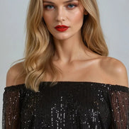 Black Sequin Long Sleeve Bardot Top