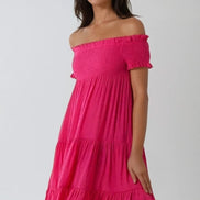 Fuchsia Bardot Shirred Mini Dress