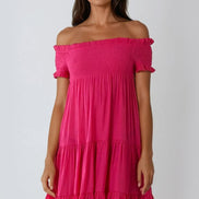 Fuchsia Bardot Shirred Mini Dress