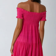 Fuchsia Bardot Shirred Mini Dress
