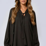 Black Long Balloon Sleeve Blouse with Tie