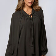 Black Long Balloon Sleeve Blouse with Tie