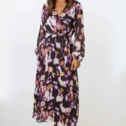Black Abstract Print Wrap Midi Dress