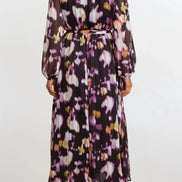 Black Abstract Print Wrap Midi Dress