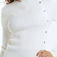 Cream Button Detail Slash Neck Ribbed Jumper
