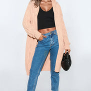 Pink Hooded Cable Knitted Longline Cardigan