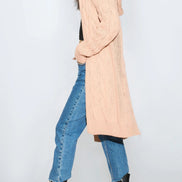 Pink Hooded Cable Knitted Longline Cardigan