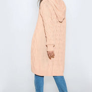 Pink Hooded Cable Knitted Longline Cardigan