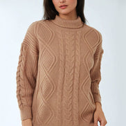 Camel Cable Knit Roll Neck Jumper