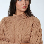 Camel Cable Knit Roll Neck Jumper