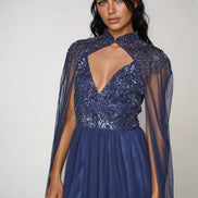 Navy Embellished Strappy Maxi Evening Dress with Detachable Cape