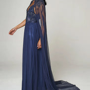Navy Embellished Strappy Maxi Evening Dress with Detachable Cape
