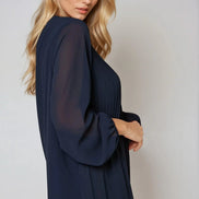 Navy Long Sleeve Pleated Blouse