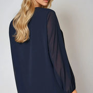 Navy Long Sleeve Pleated Blouse