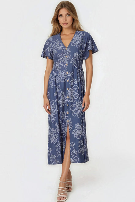 Denim Blue Floral Midi Dress