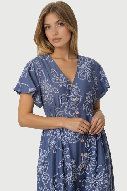 Denim Blue Floral Midi Dress