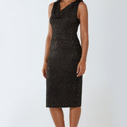 Gold Black Cowl Neck Midi Dress