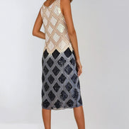 Navy Beige Sequin Diamond Pattern Midi Dress