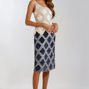 Navy Beige Sequin Diamond Pattern Midi Dress