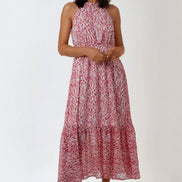 Pink Abstract Print Halterneck Maxi Dress