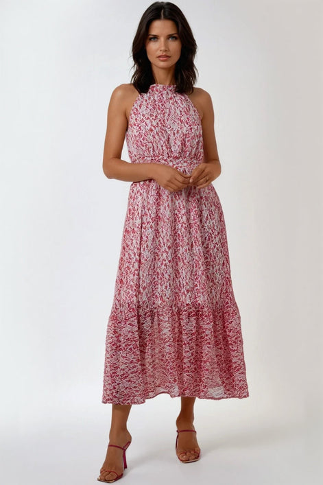 Pink Abstract Print Halterneck Maxi Dress