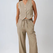Khaki Pinstripe Wide Leg Trousers and Waistcoat Set
