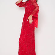 Red Sequin Angel Sleeve Open Back Maxi Dress