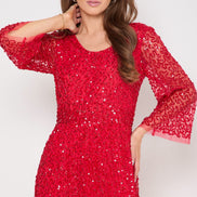 Red Sequin Angel Sleeve Open Back Maxi Dress