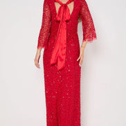 Red Sequin Angel Sleeve Open Back Maxi Dress