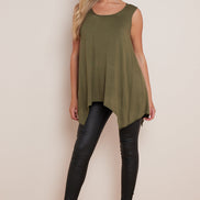 Khaki Sleeveless Top with Asymmetric Hem