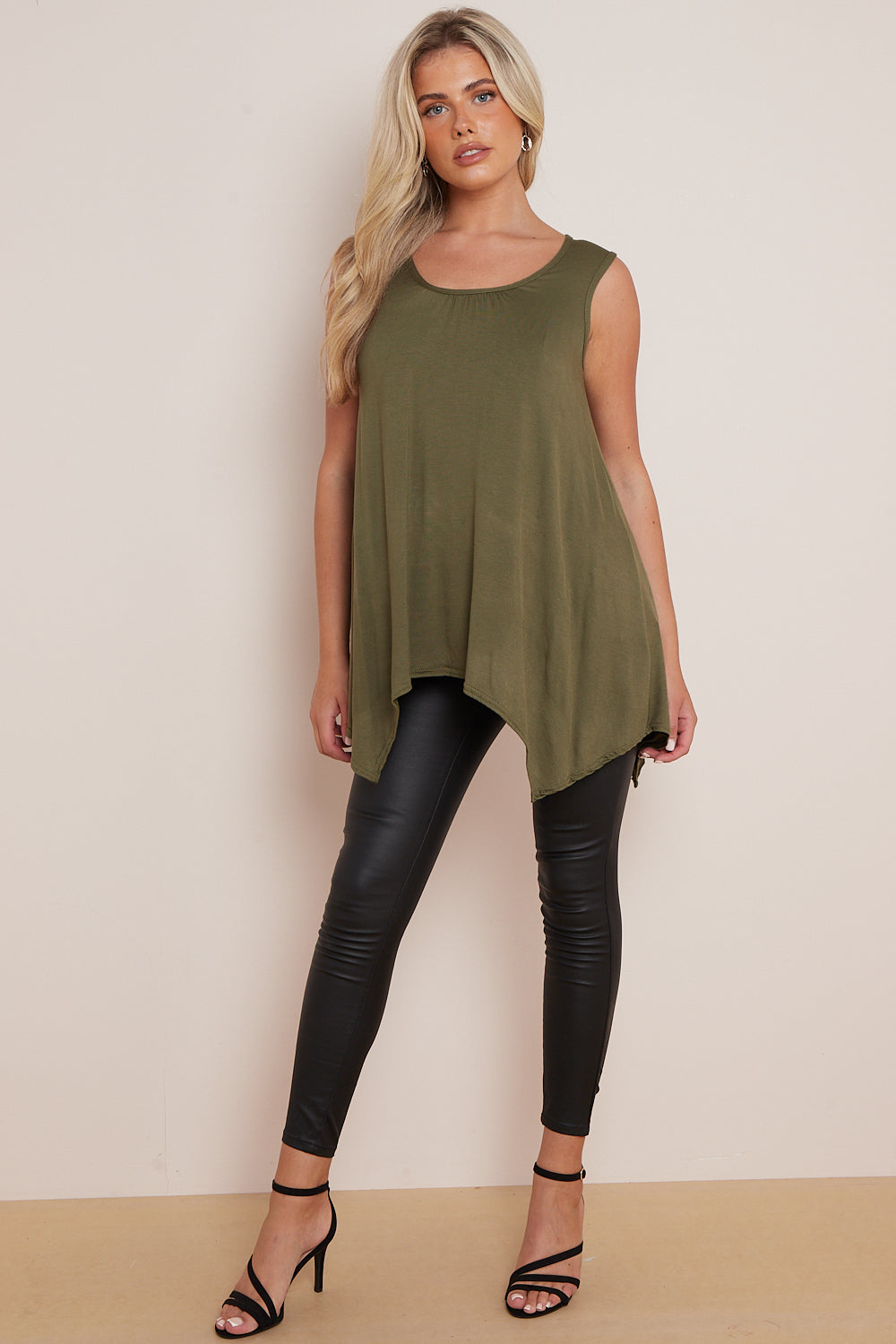 Khaki Sleeveless Top with Asymmetric Hem