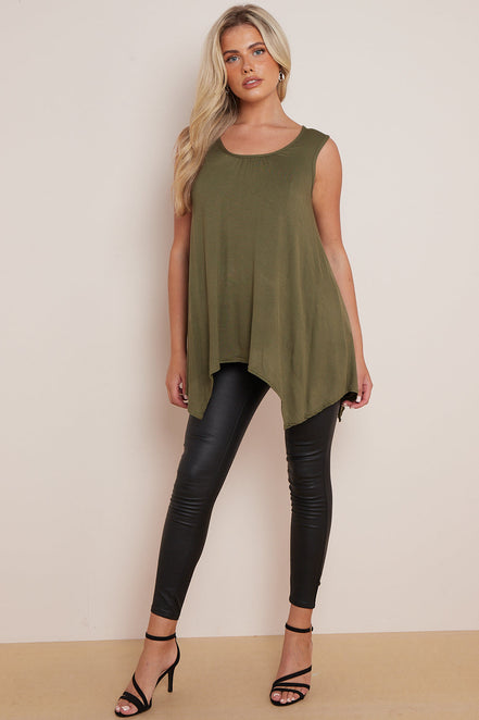 Khaki Sleeveless Top with Asymmetric Hem